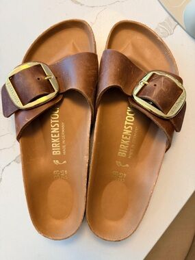 Birkenstock Madrid Big Buckle Sandals Excellent 38 Cognac Brown Leather